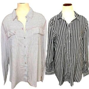 Jane & Delancey Set 2 Blouses White Black Stripes Boyfriend Fit Bundle Top Sz M